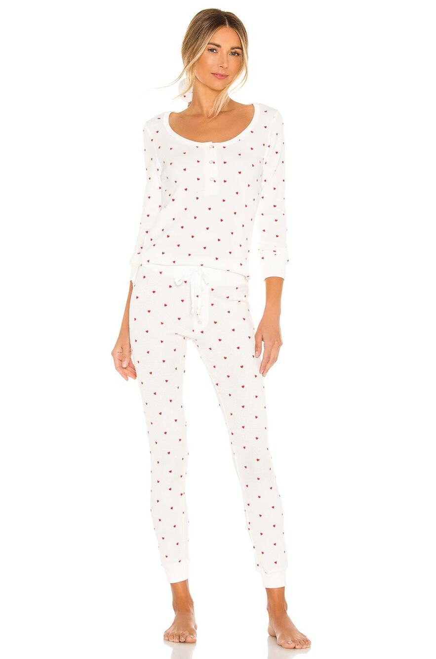 Plush Thermal Knit Heart Pajama Scrunchie Matching Set Cozy Lounge Sleep S